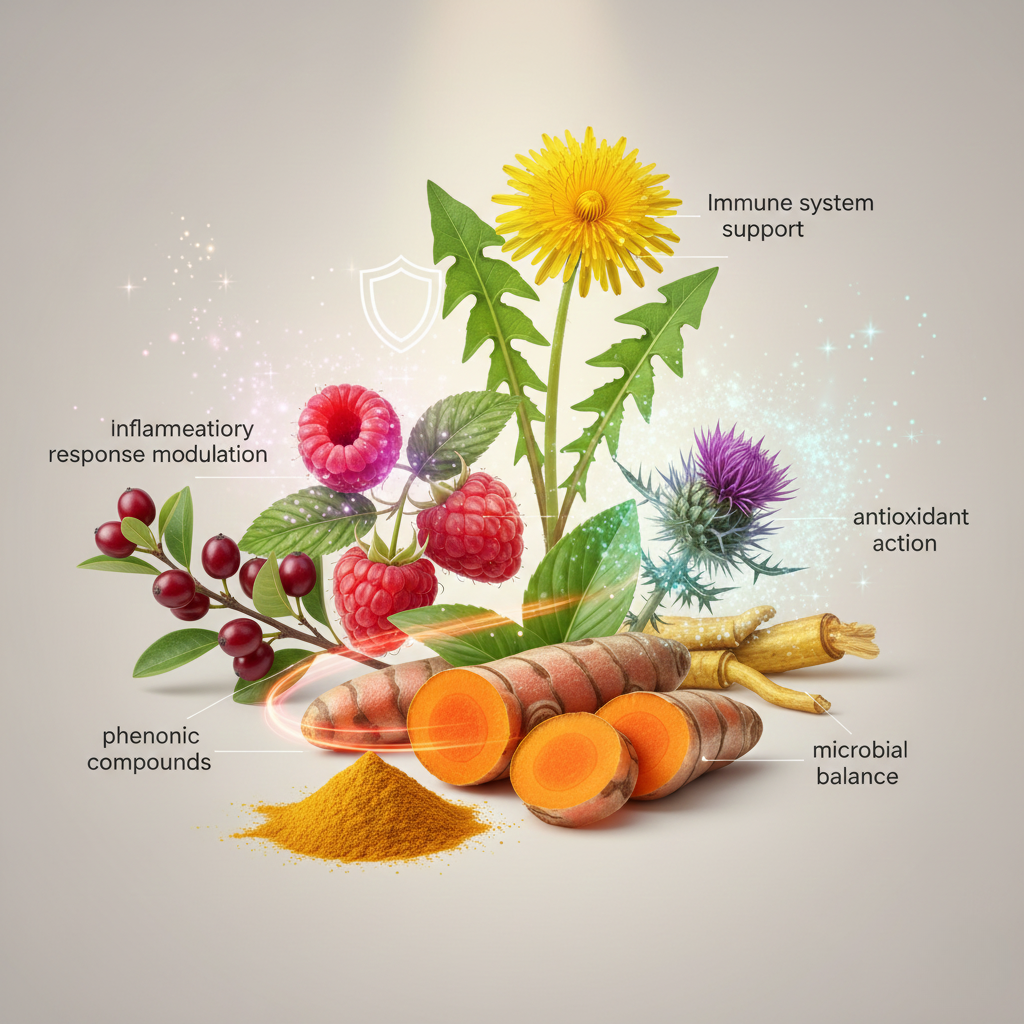 Natural ingredients such as turmeric, raspberries, and dandelion with highlighted benefits around them.