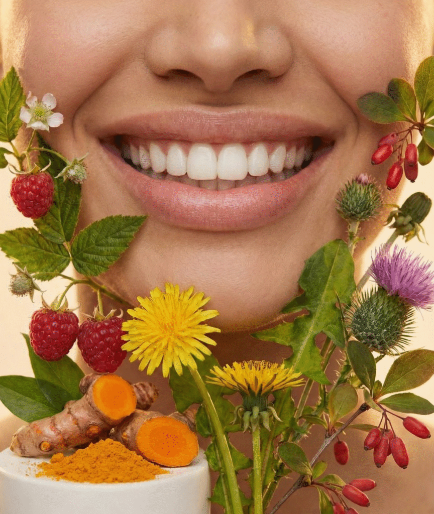 Bright smile surrounded by natural ingredients such as turmeric, raspberries, and flowers.