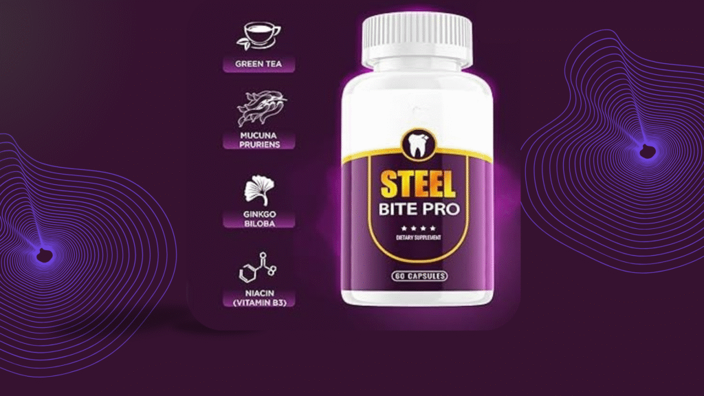 Steel Bite Pro supplement bottle in the center with illustrated icons showing natural ingredients such as green tea, mucuna pruriens, ginkgo biloba, and niacin.