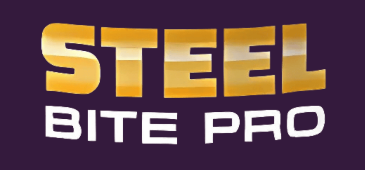 Official Steel Bite Pro supplement logo on a purple background.