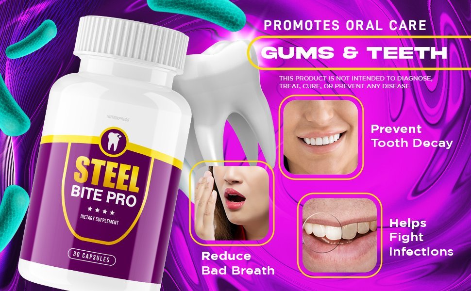 Steel Bite Pro supplement bottle with visual elements related to oral wellness, including teeth, breath, and cleanliness icons on a vibrant purple background.